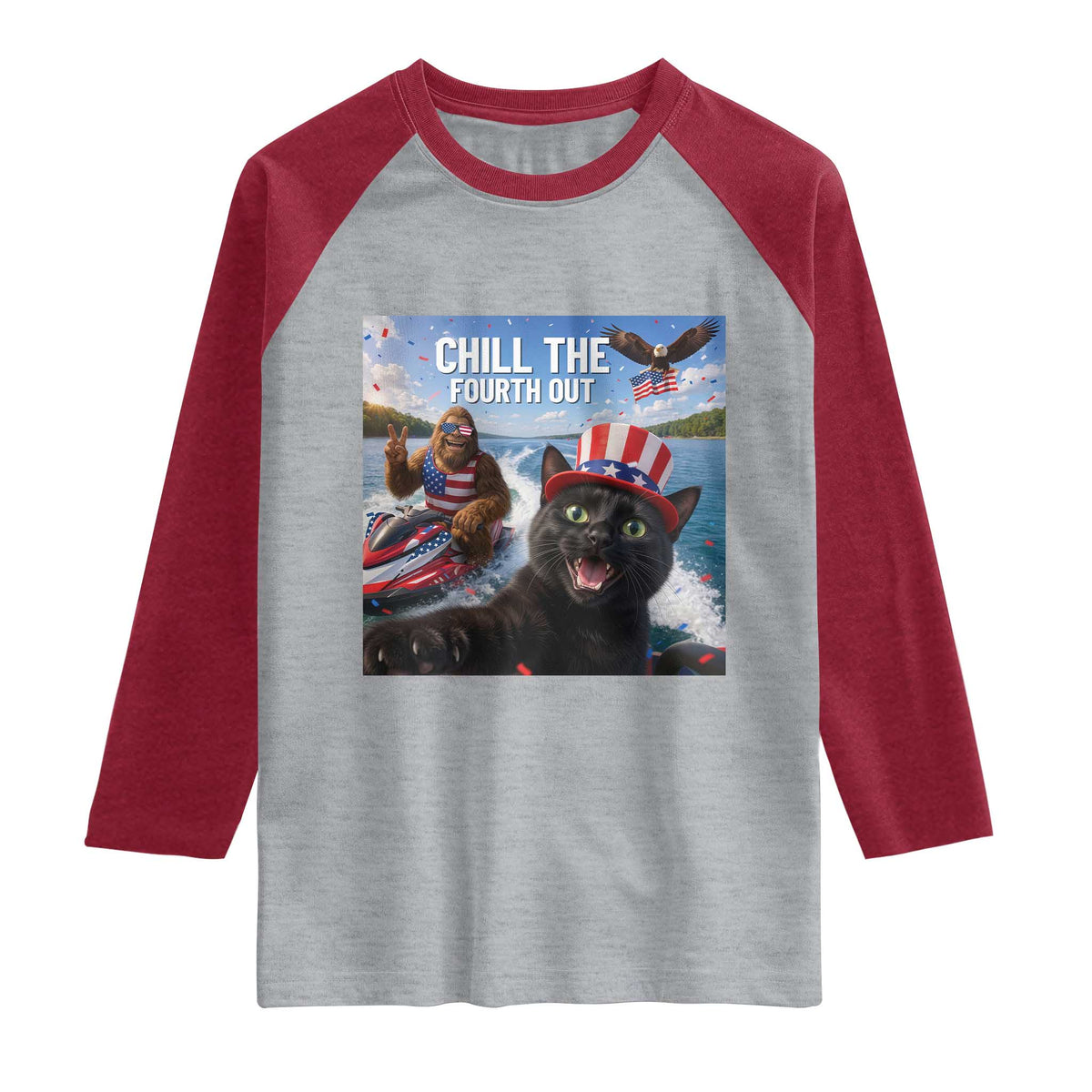 Patriotic Bigfoot And Cat Raglan Shirt Chill The Fourth Out TS12 Heather Gray Heather Red Print Your Wear