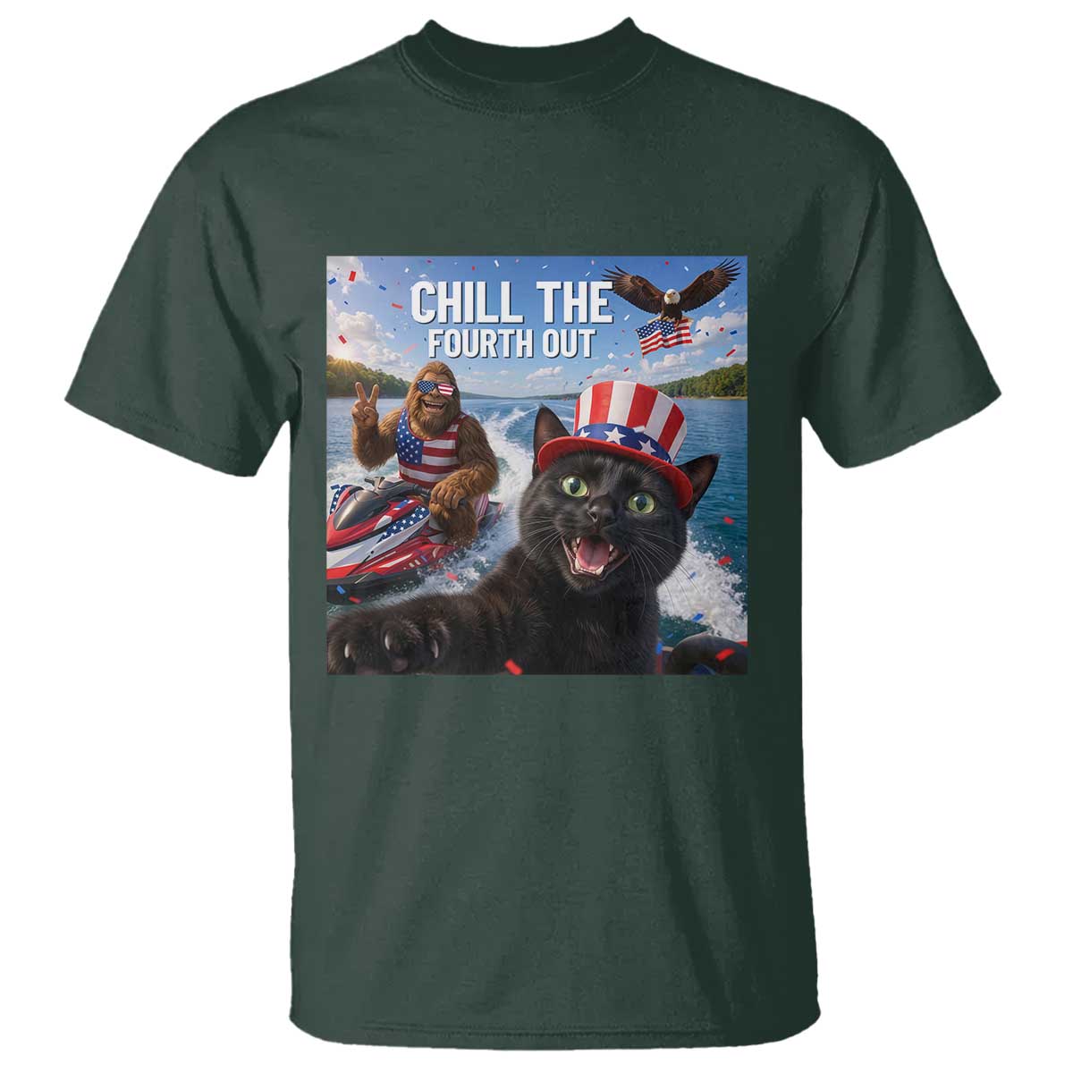 Patriotic Bigfoot And Cat T Shirt Chill The Fourth Out TS12 Dark Forest Green Print Your Wear
