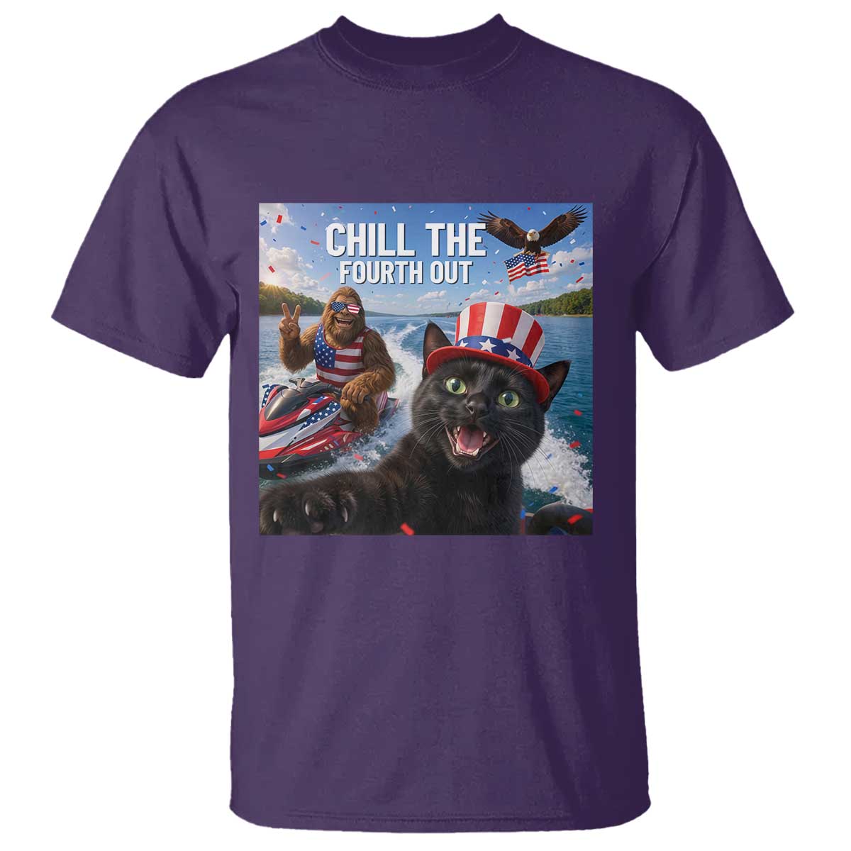 Patriotic Bigfoot And Cat T Shirt Chill The Fourth Out TS12 Purple Print Your Wear