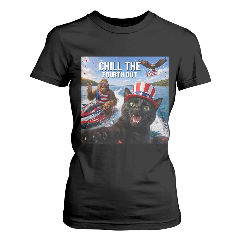 Patriotic Bigfoot And Cat T Shirt For Women Chill The Fourth Out TS12 Black Print Your Wear