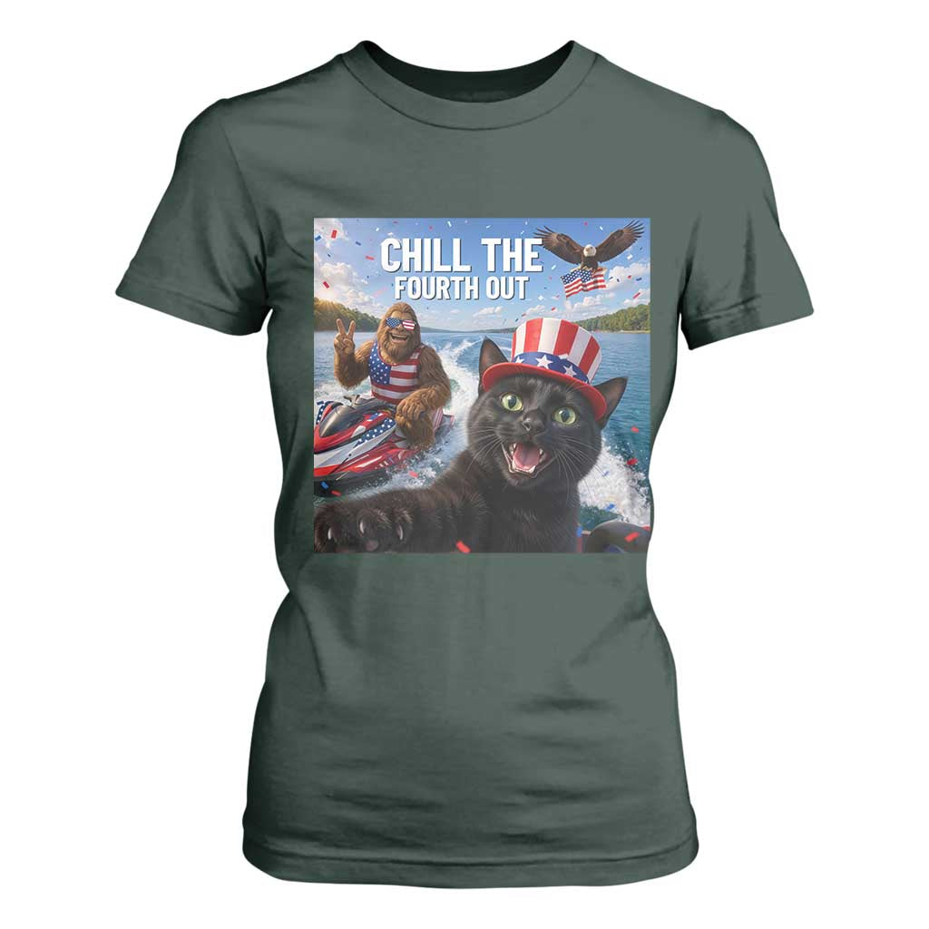 Patriotic Bigfoot And Cat T Shirt For Women Chill The Fourth Out TS12 Dark Forest Green Print Your Wear