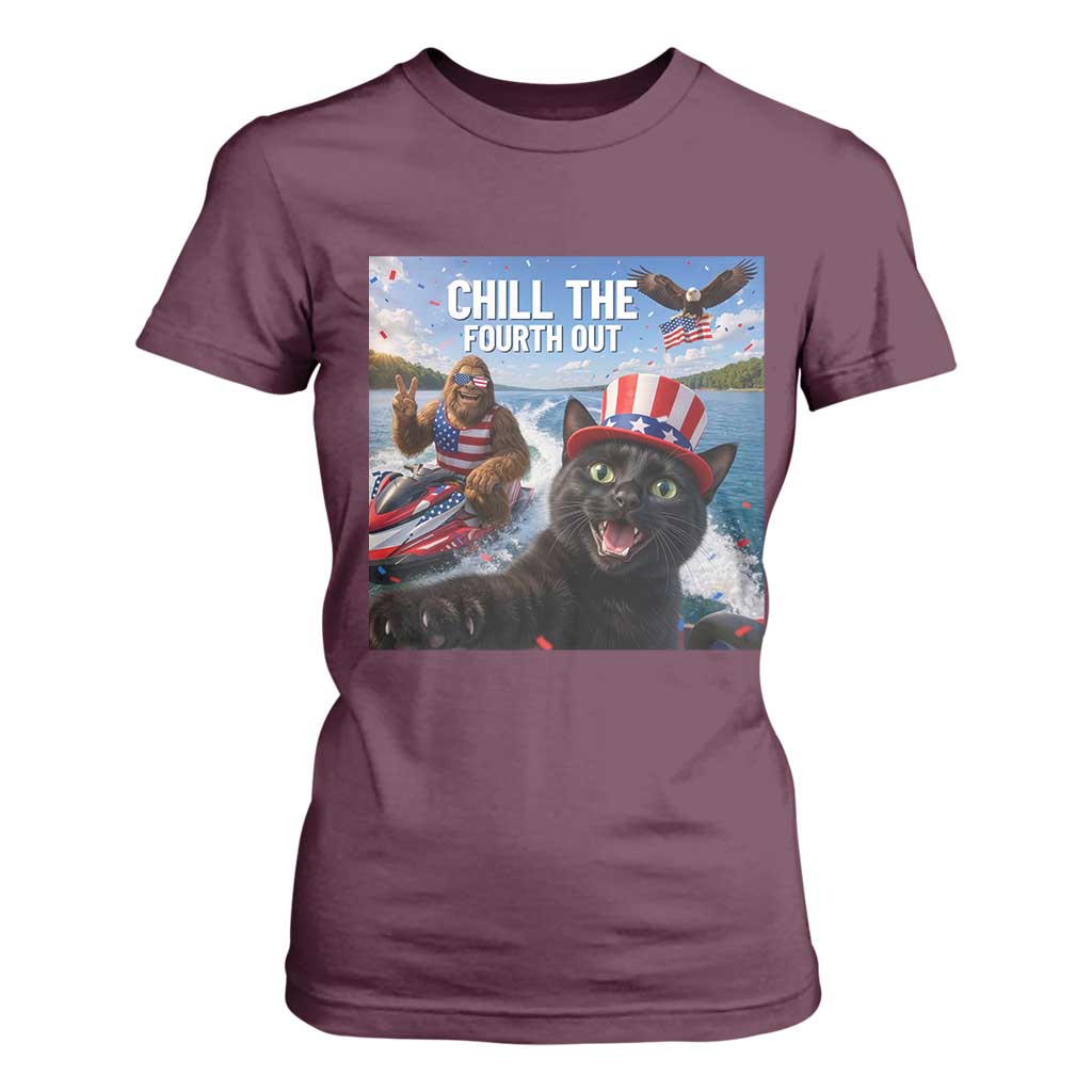 Patriotic Bigfoot And Cat T Shirt For Women Chill The Fourth Out TS12 Maroon Print Your Wear