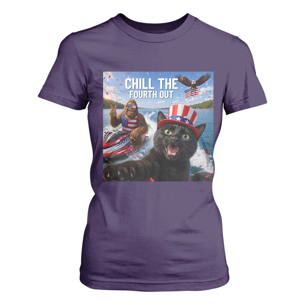 Patriotic Bigfoot And Cat T Shirt For Women Chill The Fourth Out TS12 Purple Print Your Wear