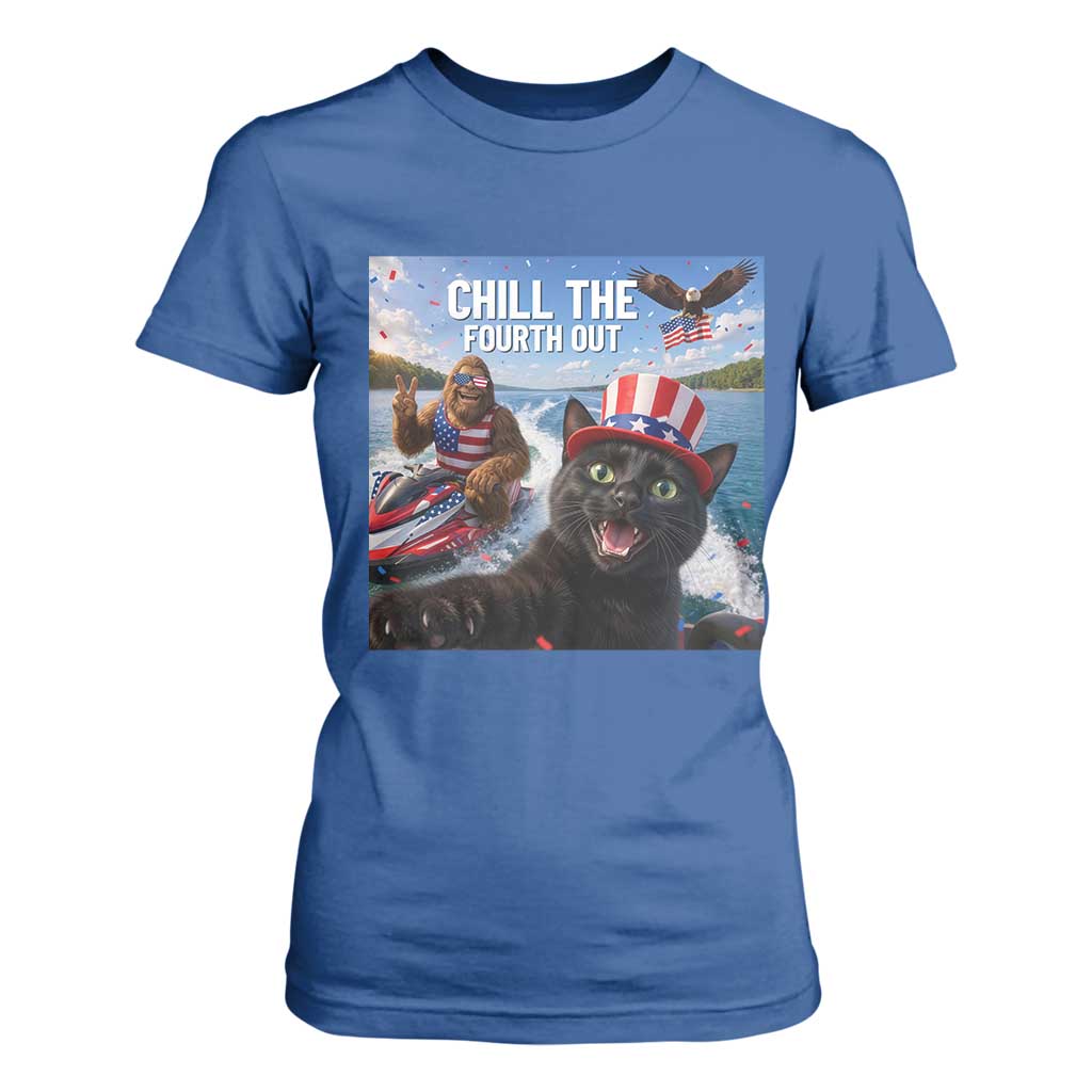 Patriotic Bigfoot And Cat T Shirt For Women Chill The Fourth Out TS12 Royal Blue Print Your Wear