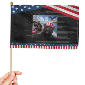 Funny Bigfoot And Cat Patriotic Handheld Flag Chill The Fourth Out TS12 Distressed 8.2" × 5.5" Black Blue Print Your Wear
