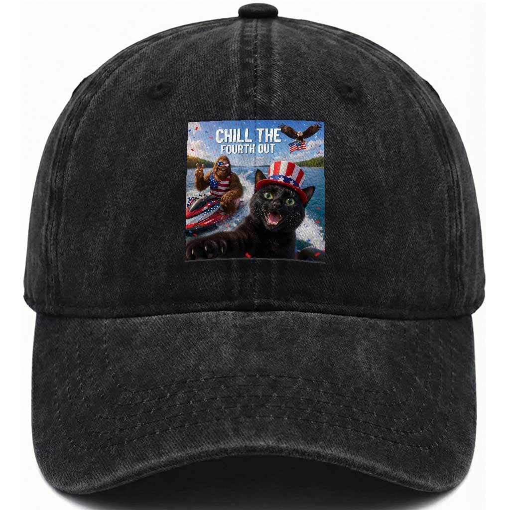 Patriotic Bigfoot And Cat Washed Cotton Baseball Cap Chill The Fourth Out
