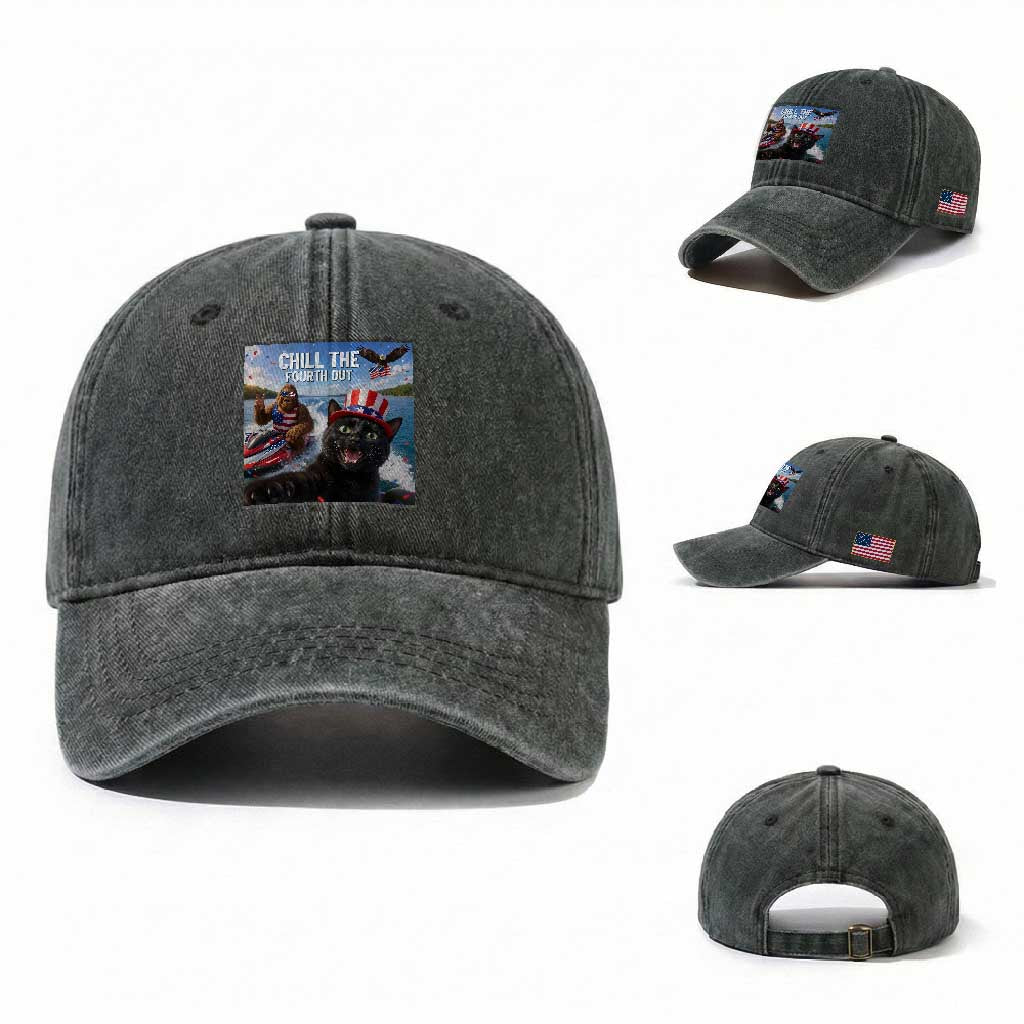 Patriotic Bigfoot And Cat Washed Cotton Baseball Cap Chill The Fourth Out