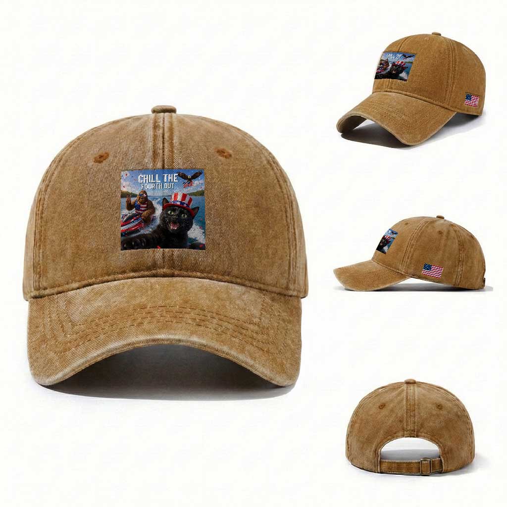 Patriotic Bigfoot And Cat Washed Cotton Baseball Cap Chill The Fourth Out
