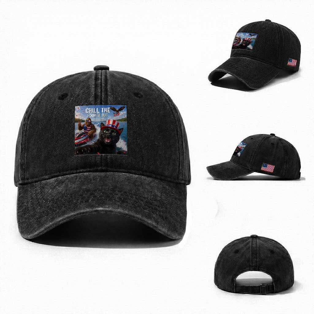 Patriotic Bigfoot And Cat Washed Cotton Baseball Cap Chill The Fourth Out