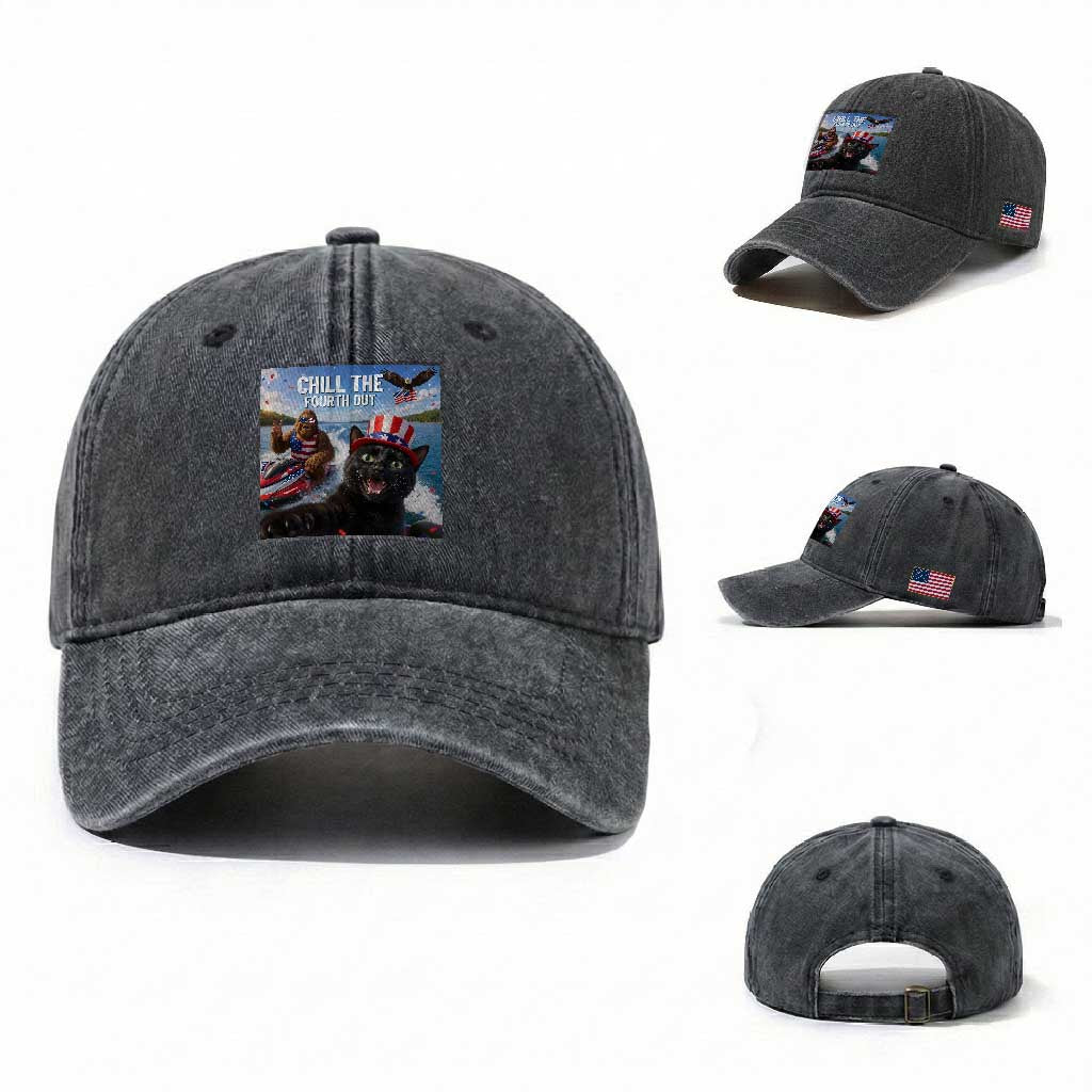 Patriotic Bigfoot And Cat Washed Cotton Baseball Cap Chill The Fourth Out