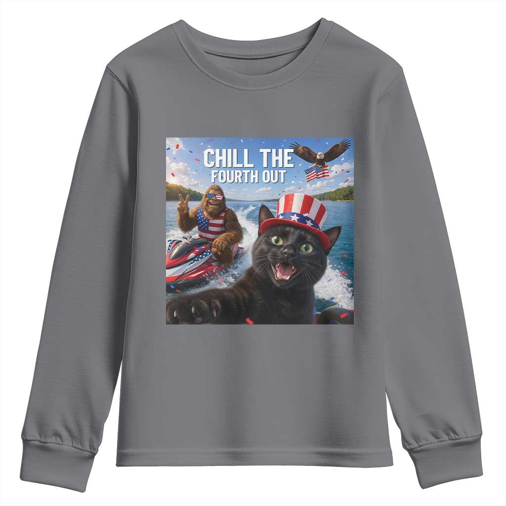 Patriotic Bigfoot And Cat Youth Sweatshirt Chill The Fourth Out TS12 Charcoal Print Your Wear