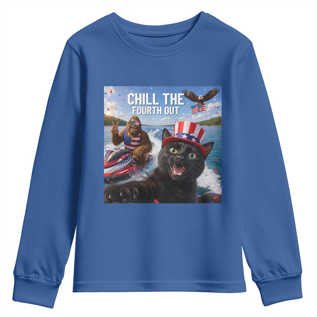 Patriotic Bigfoot And Cat Youth Sweatshirt Chill The Fourth Out TS12 Royal Blue Print Your Wear