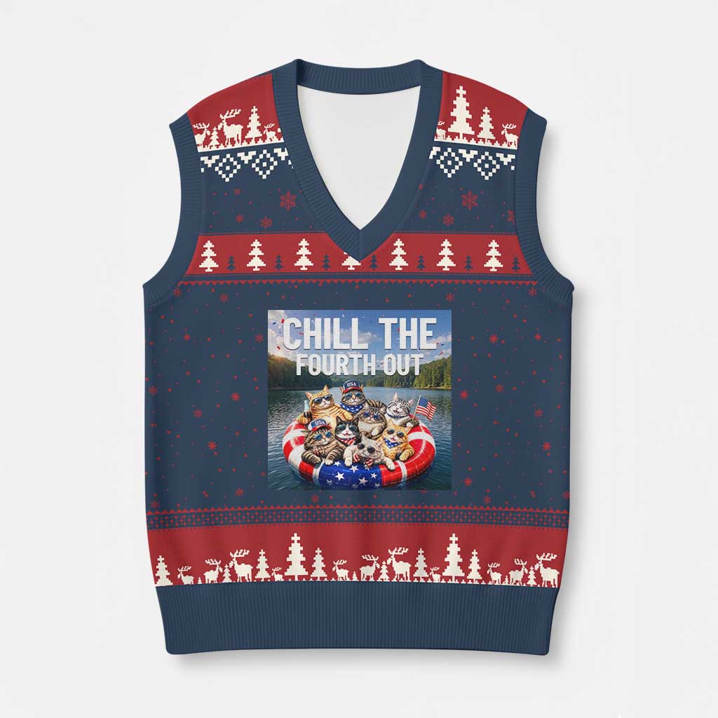 Funny Americana Cat Squad V-Neck Knit Sweater Vest Chill The Fourth Out TS12 Navy Red Print Your Wear