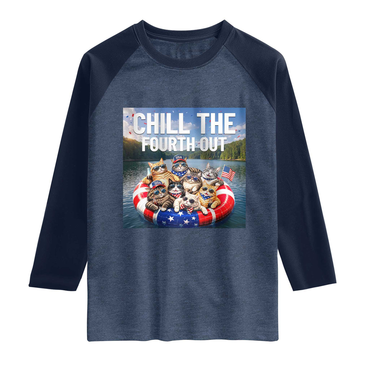 Funny Americana Cat Squad Raglan Shirt Chill The Fourth Out TS12 Heather Denim Navy Print Your Wear
