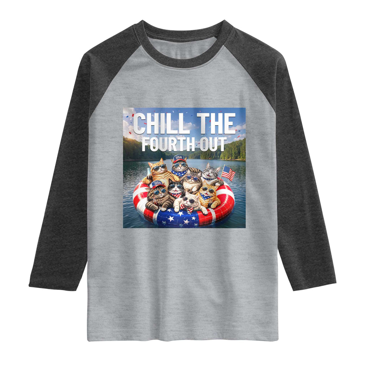 Funny Americana Cat Squad Raglan Shirt Chill The Fourth Out TS12 Heather Gray Heather Charcoal Print Your Wear