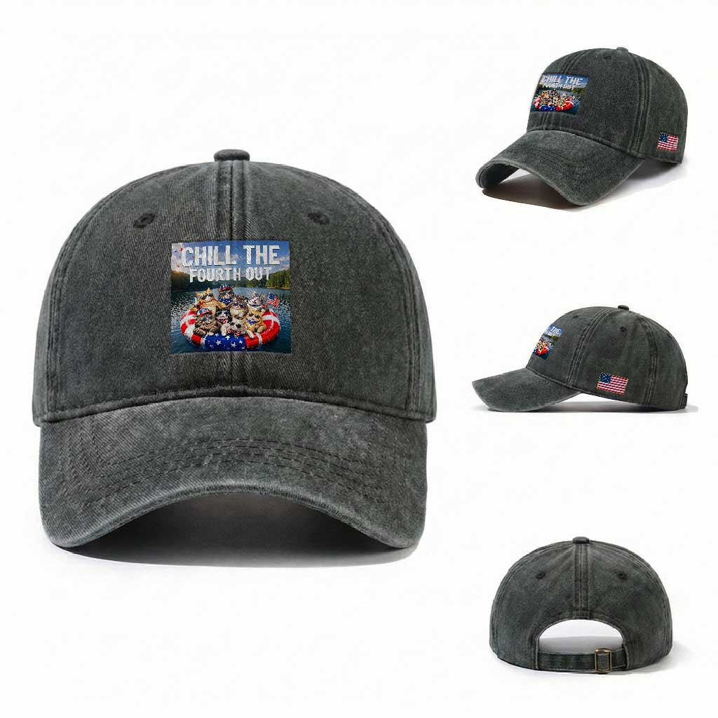 Funny Americana Cat Squad Washed Cotton Baseball Cap Chill The Fourth Out TS12 Washed Cap Universal Fit Dark Green Print Your Wear