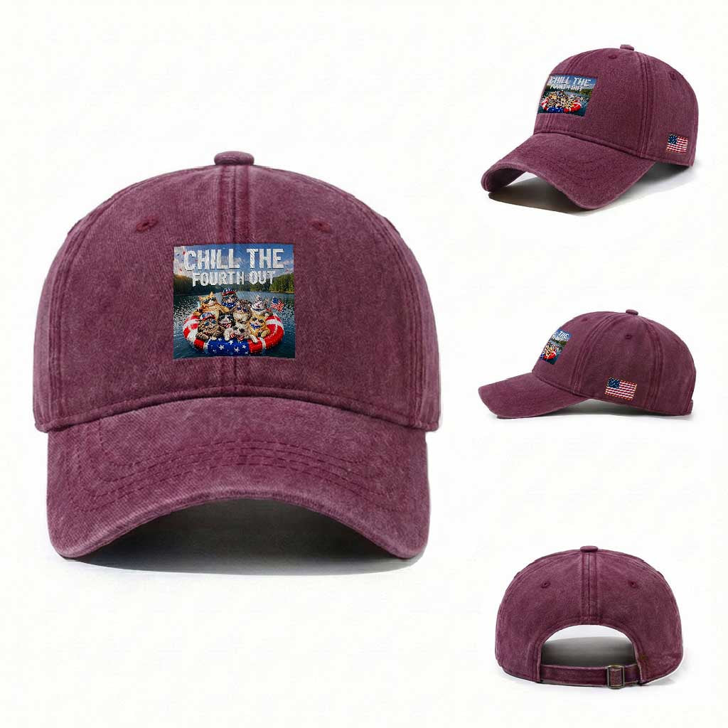 Funny Americana Cat Squad Washed Cotton Baseball Cap Chill The Fourth Out TS12 Washed Cap Universal Fit Burgundy Print Your Wear