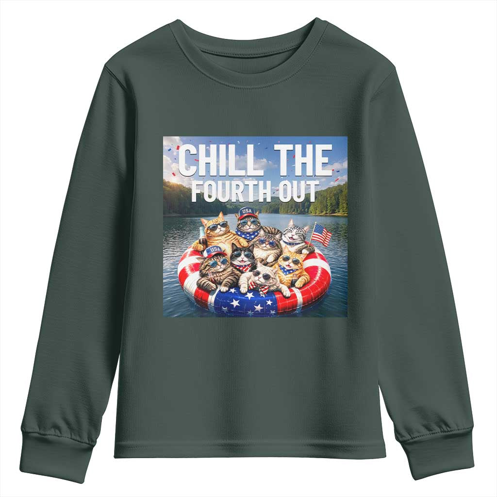 Funny Americana Cat Squad Youth Sweatshirt Chill The Fourth Out TS12 Dark Forest Green Print Your Wear