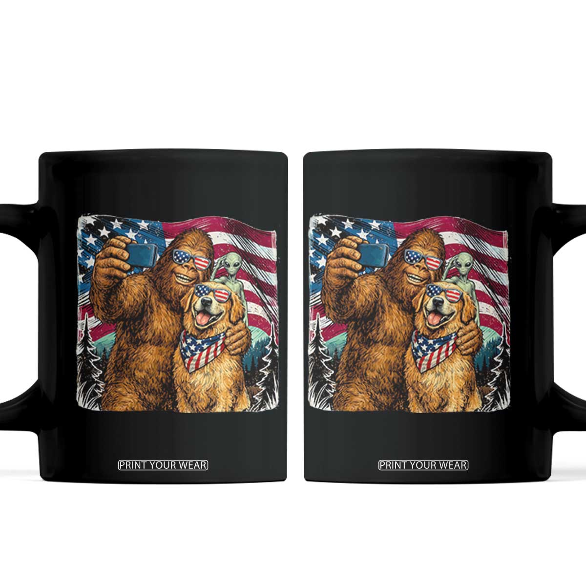Funny Patriotic Bigfoot Golden Retriever Selfie Squad Coffee Mug
