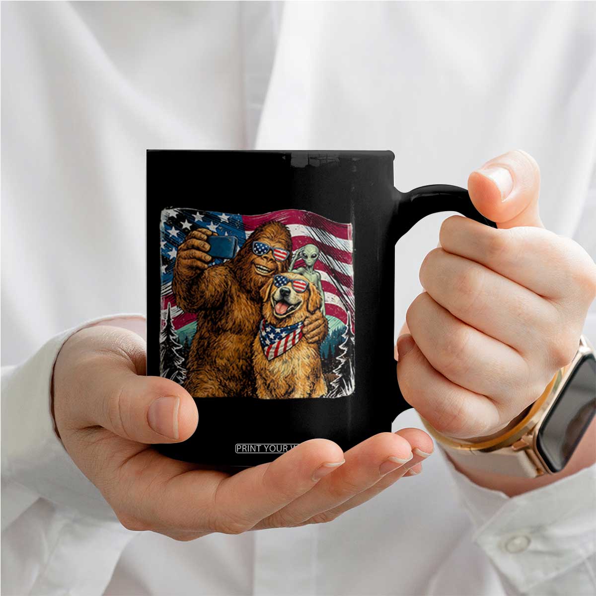 Funny Patriotic Bigfoot Golden Retriever Selfie Squad Coffee Mug TS12 Print Your Wear