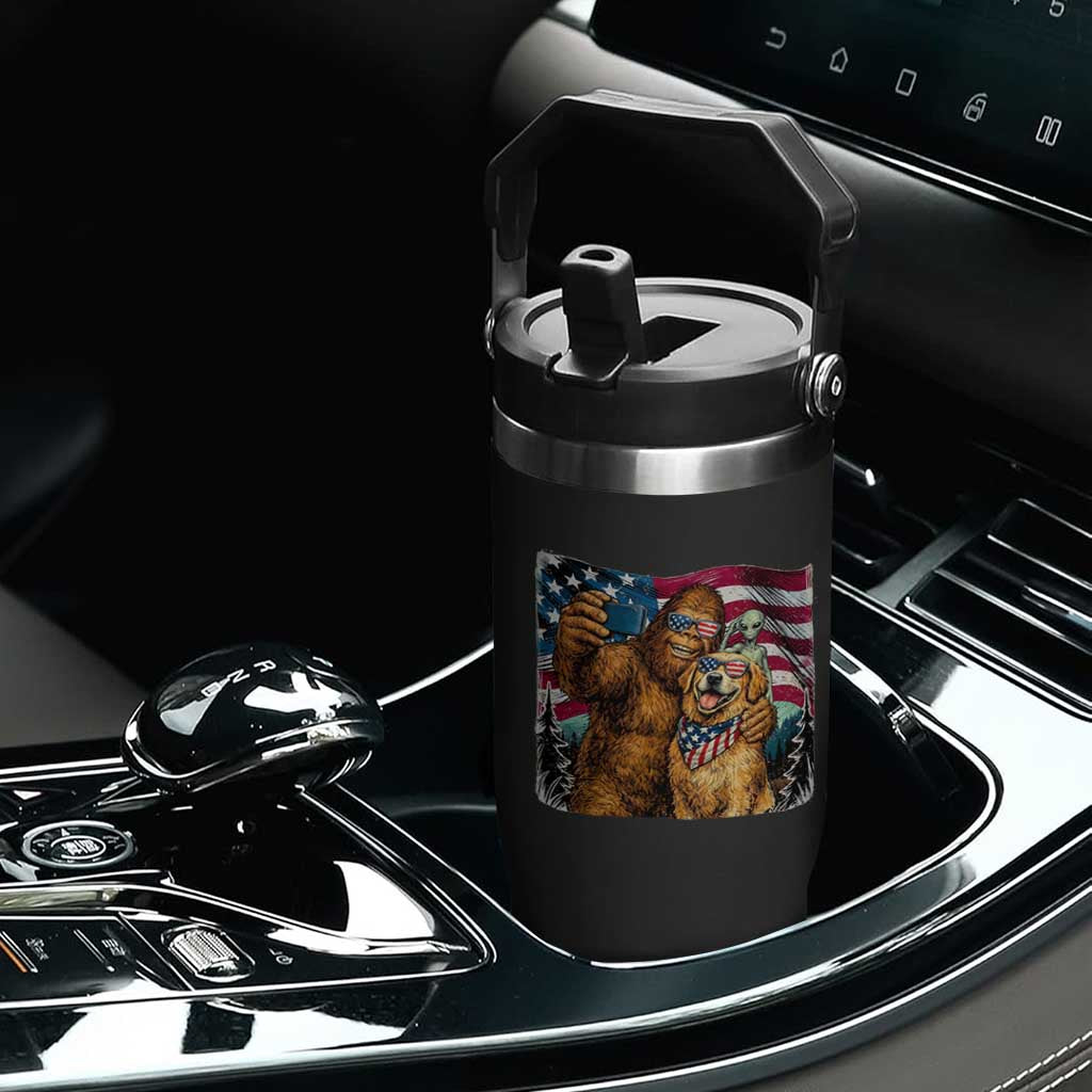Funny Patriotic Bigfoot Golden Retriever Selfie Squad Flip Straw Tumbler