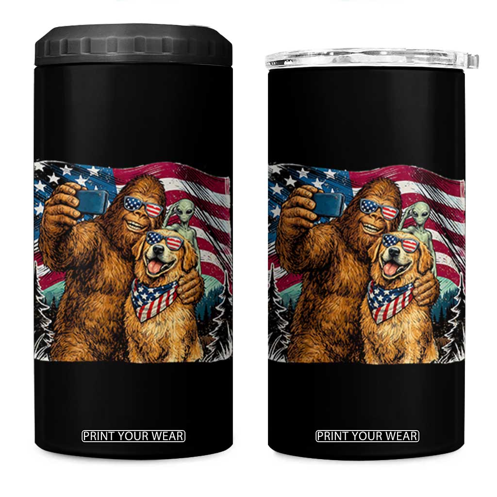 Funny Patriotic Bigfoot Golden Retriever Selfie Squad 4 in 1 Can Cooler Tumbler