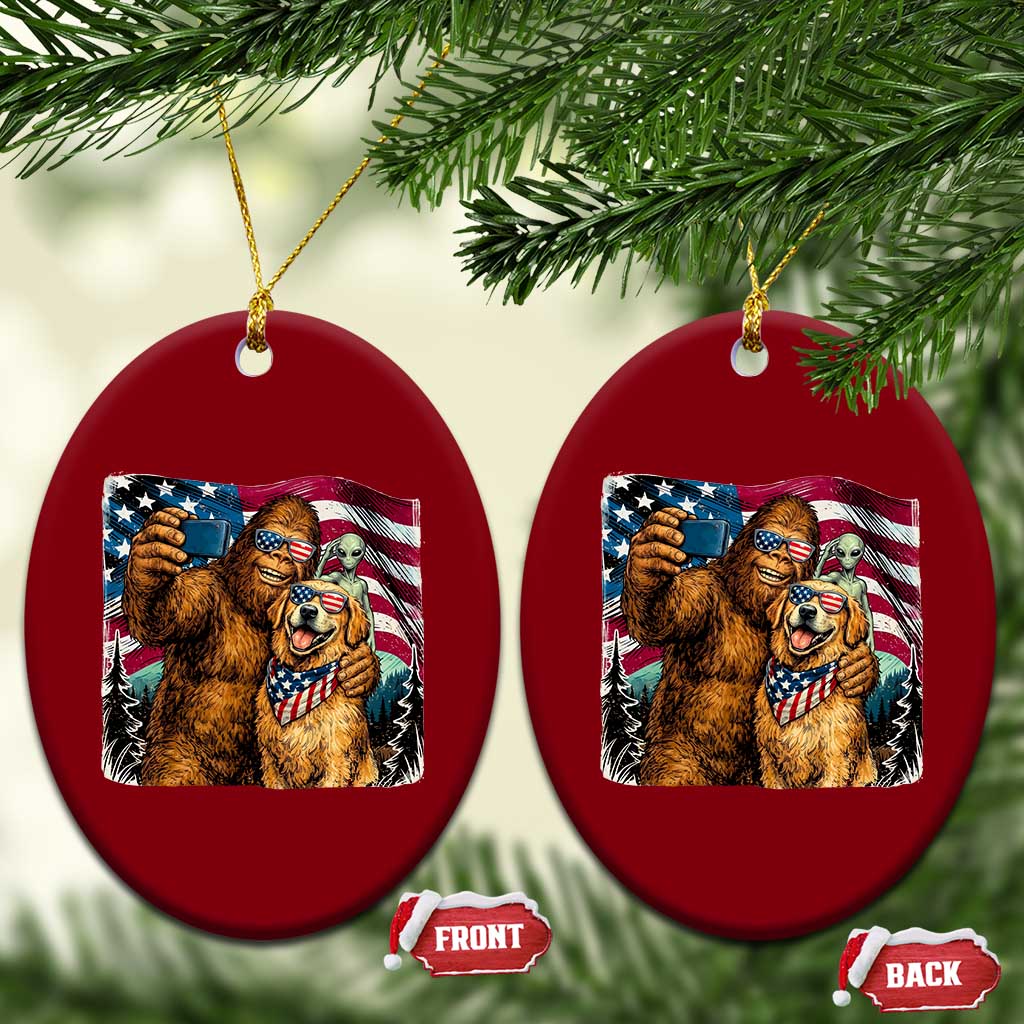 Funny Patriotic Bigfoot Golden Retriever Selfie Squad Ceramic Ornament TS12 Print Your Wear