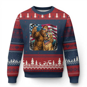 Funny Patriotic Bigfoot Golden Retriever Selfie Squad Ugly Christmas Sweater TS12 Navy Red Print Your Wear