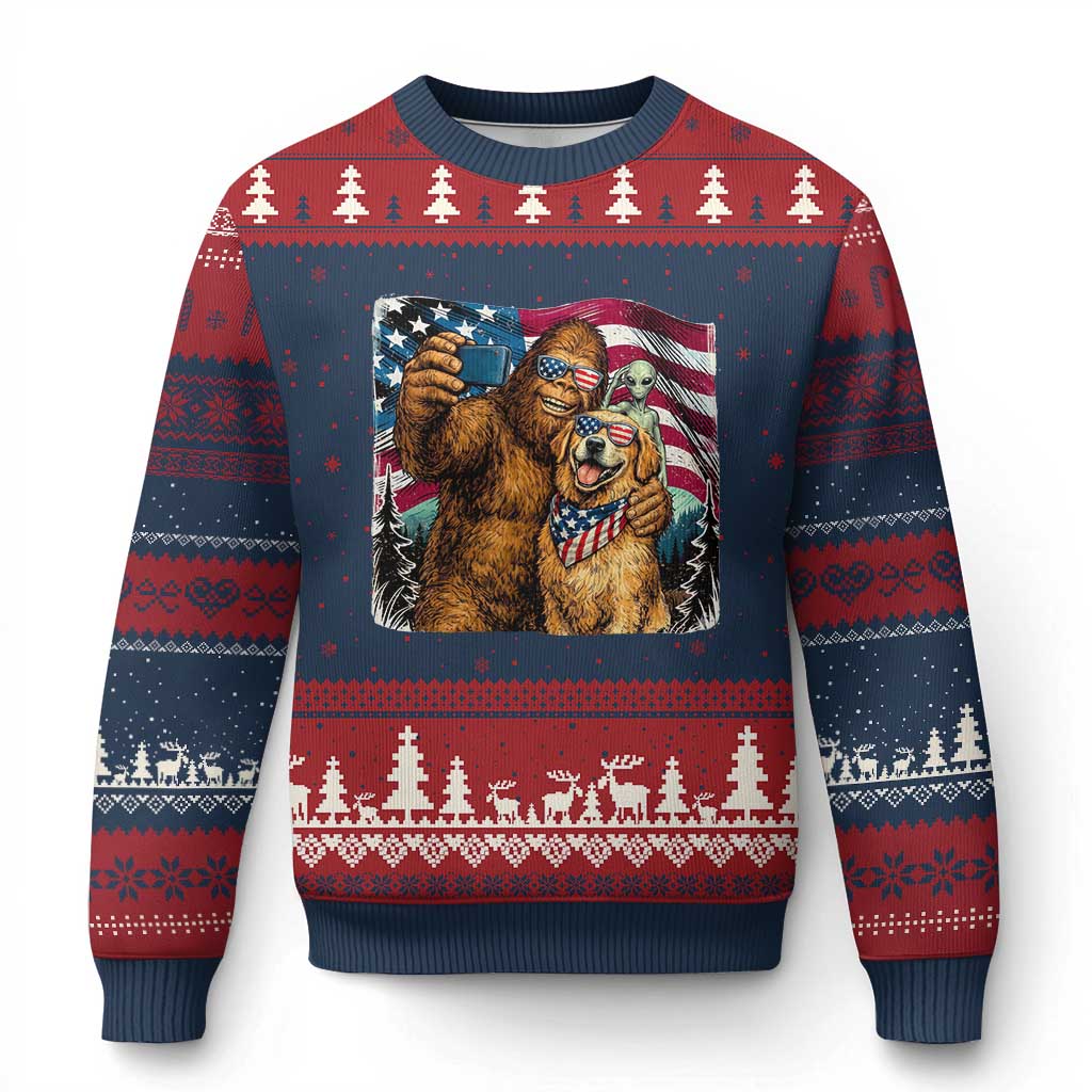 Funny Patriotic Bigfoot Golden Retriever Selfie Squad Ugly Christmas Sweater TS12 Navy Red Print Your Wear