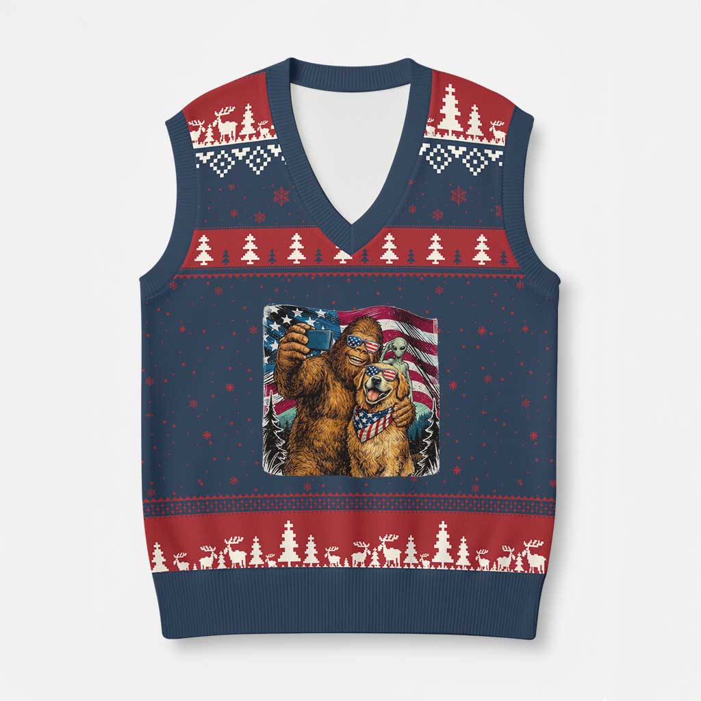 Funny Patriotic Bigfoot Golden Retriever Selfie Squad V-Neck Knit Sweater Vest TS12 Navy Red Print Your Wear