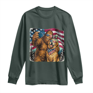 Funny Patriotic Bigfoot Golden Retriever Selfie Squad Long Sleeve Shirt TS12 Dark Forest Green Print Your Wear