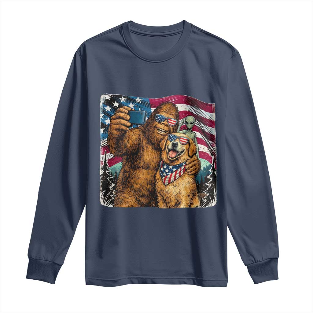 Funny Patriotic Bigfoot Golden Retriever Selfie Squad Long Sleeve Shirt TS12 Navy Print Your Wear