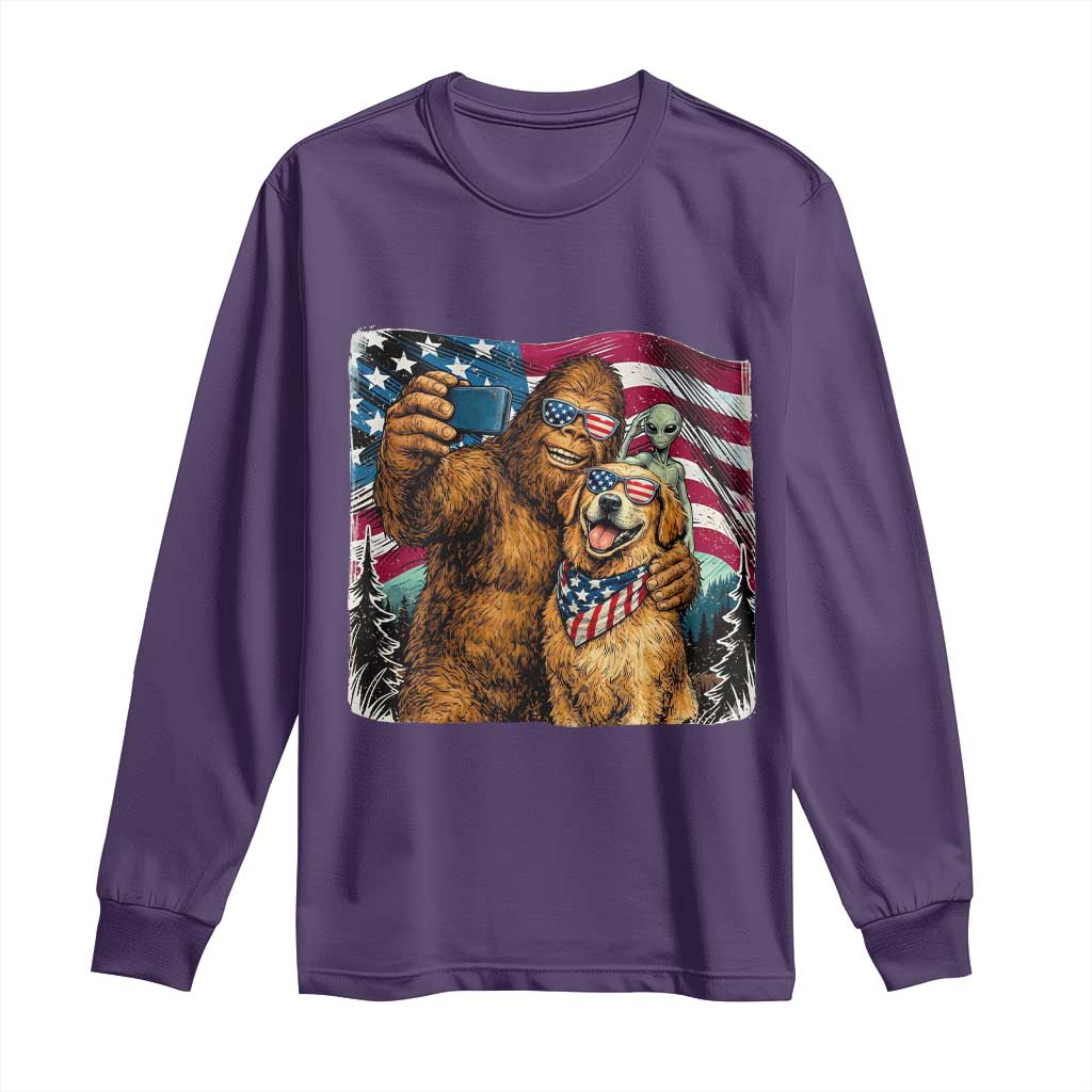 Funny Patriotic Bigfoot Golden Retriever Selfie Squad Long Sleeve Shirt TS12 Purple Print Your Wear