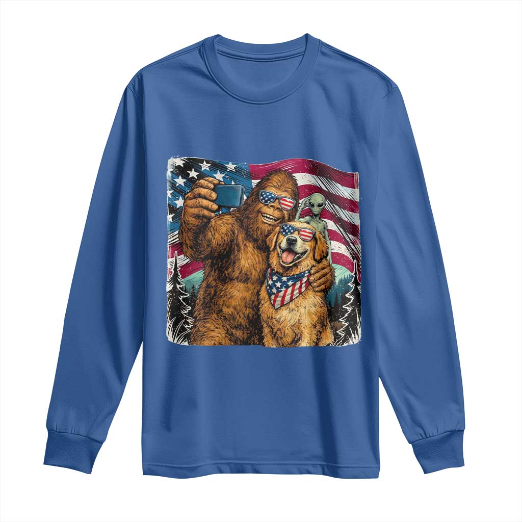 Funny Patriotic Bigfoot Golden Retriever Selfie Squad Long Sleeve Shirt TS12 Royal Blue Print Your Wear