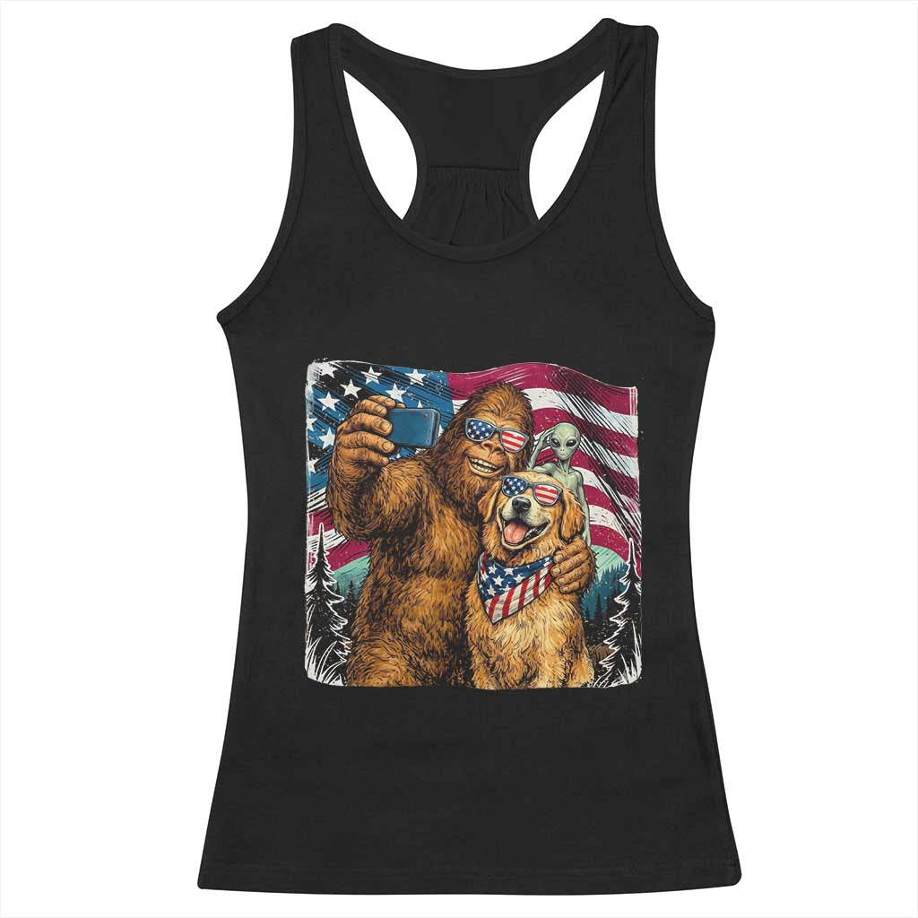 Funny Patriotic Bigfoot Golden Retriever Selfie Squad Racerback Tank Top TS12 Black Print Your Wear