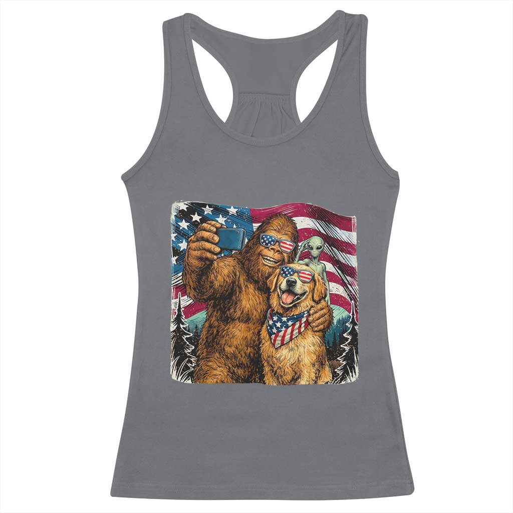 Funny Patriotic Bigfoot Golden Retriever Selfie Squad Racerback Tank Top TS12 Charcoal Print Your Wear