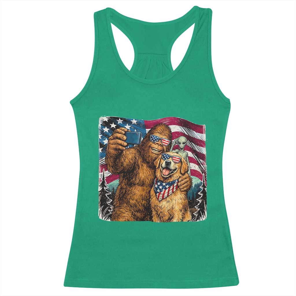 Funny Patriotic Bigfoot Golden Retriever Selfie Squad Racerback Tank Top TS12 Irish Green Print Your Wear