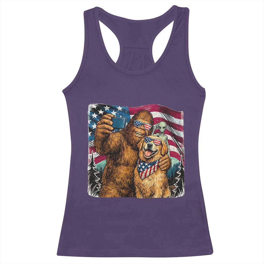 Funny Patriotic Bigfoot Golden Retriever Selfie Squad Racerback Tank Top TS12 Purple Print Your Wear