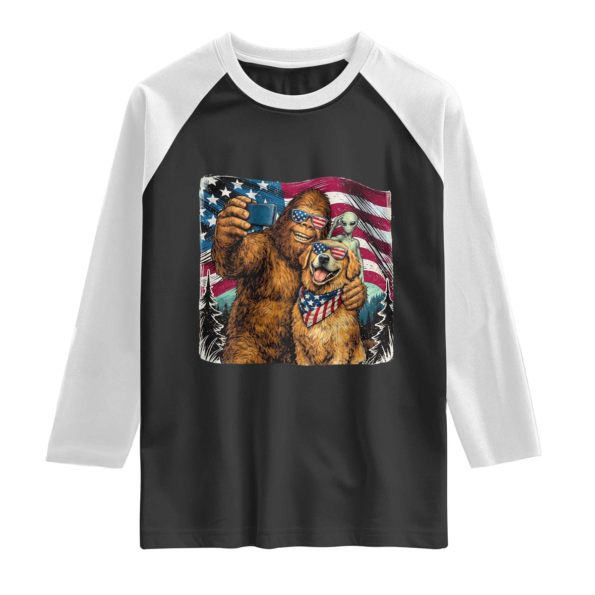 Funny Patriotic Bigfoot Golden Retriever Selfie Squad Raglan Shirt TS12 Black White Print Your Wear