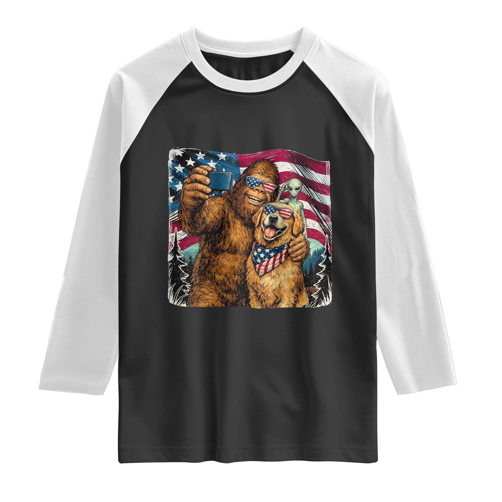 Funny Patriotic Bigfoot Golden Retriever Selfie Squad Raglan Shirt TS12 Black White Print Your Wear