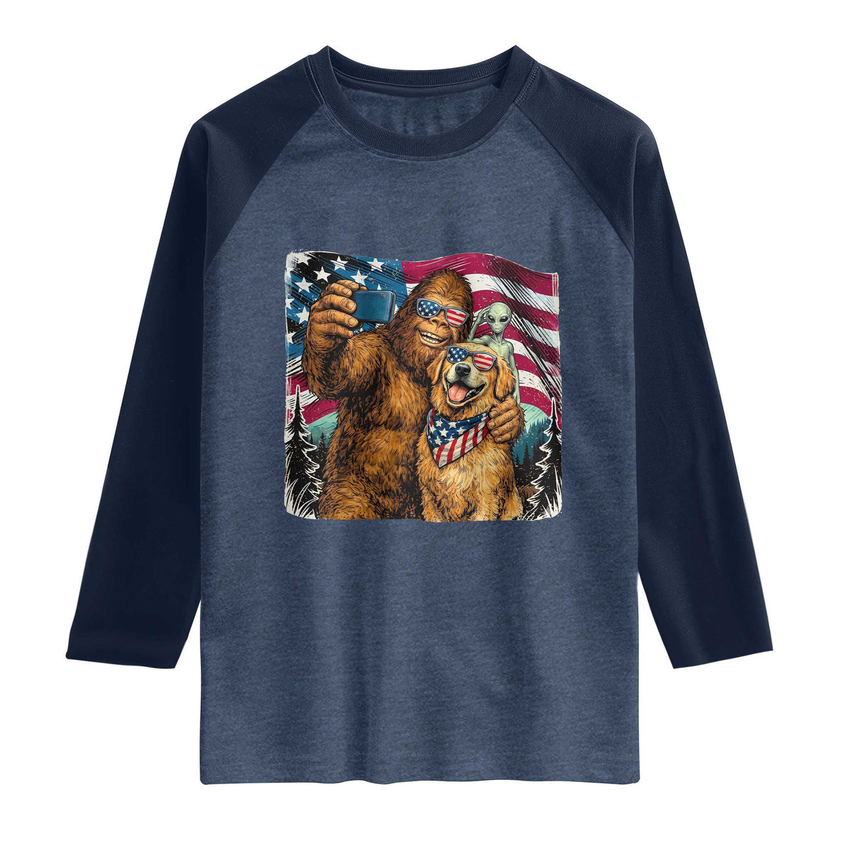 Funny Patriotic Bigfoot Golden Retriever Selfie Squad Raglan Shirt TS12 Heather Denim Navy Print Your Wear