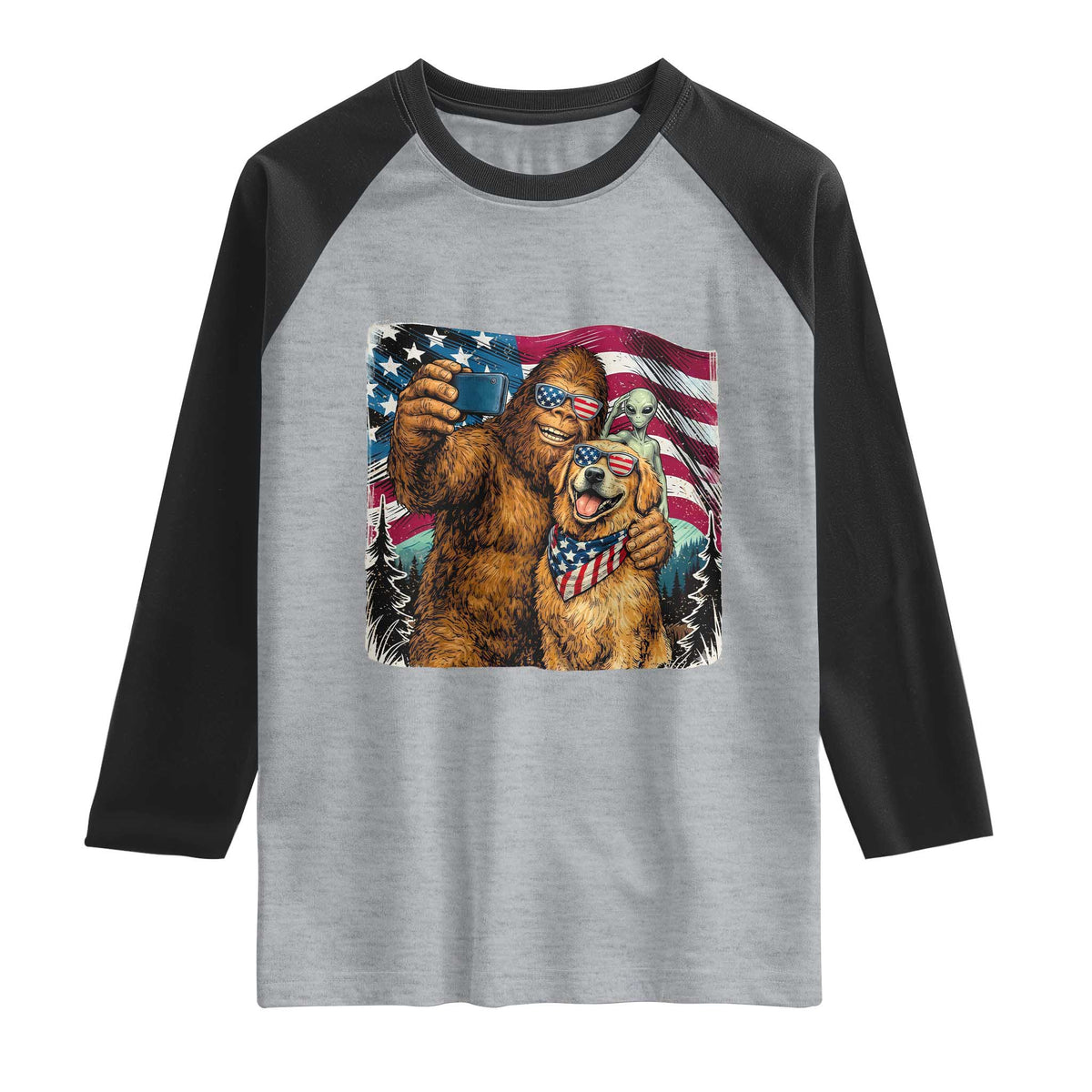 Funny Patriotic Bigfoot Golden Retriever Selfie Squad Raglan Shirt TS12 Heather Gray Black Print Your Wear