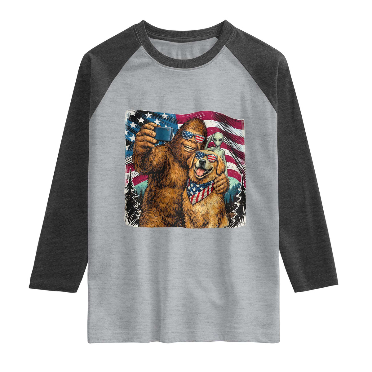 Funny Patriotic Bigfoot Golden Retriever Selfie Squad Raglan Shirt TS12 Heather Gray Heather Charcoal Print Your Wear