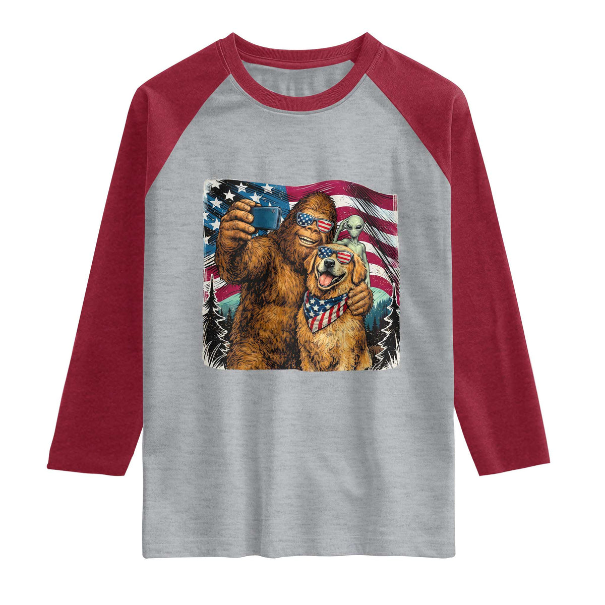 Funny Patriotic Bigfoot Golden Retriever Selfie Squad Raglan Shirt TS12 Heather Gray Heather Red Print Your Wear