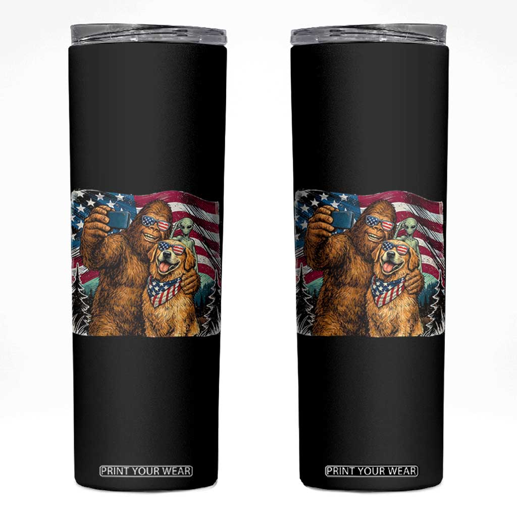 Funny Patriotic Bigfoot Golden Retriever Selfie Squad Skinny Tumbler