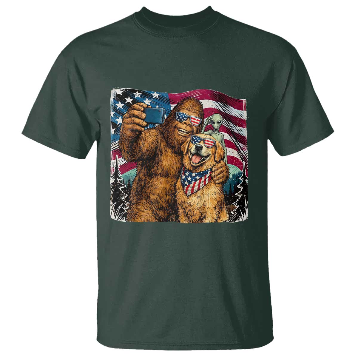 Funny Patriotic Bigfoot Golden Retriever Selfie Squad T Shirt TS12 Dark Forest Green Print Your Wear