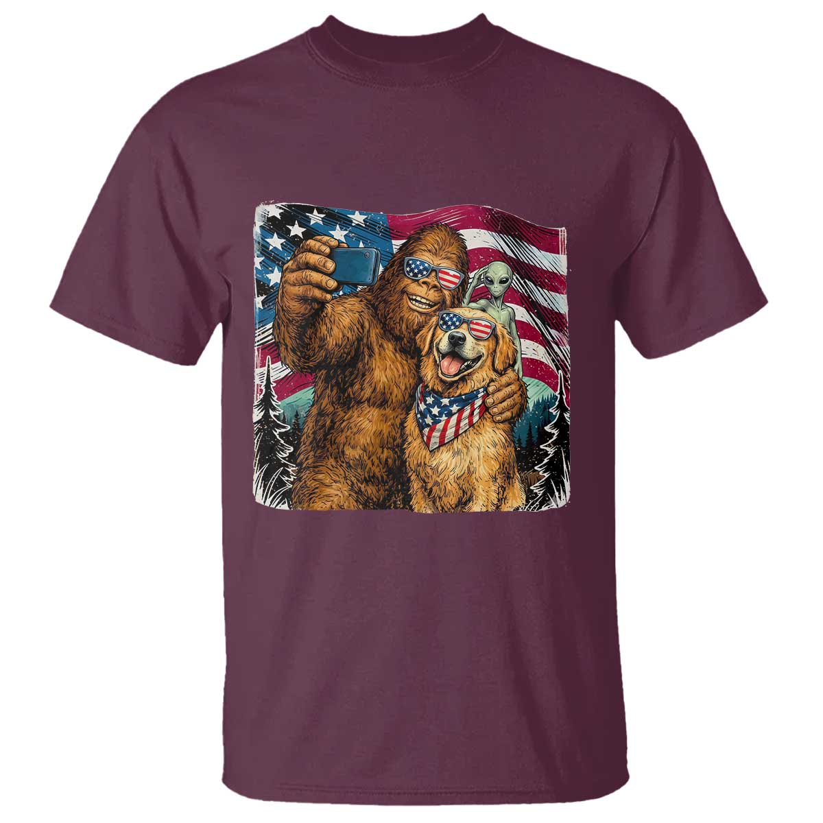 Funny Patriotic Bigfoot Golden Retriever Selfie Squad T Shirt TS12 Maroon Print Your Wear