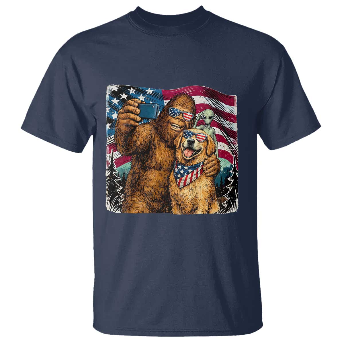 Funny Patriotic Bigfoot Golden Retriever Selfie Squad T Shirt TS12 Navy Print Your Wear