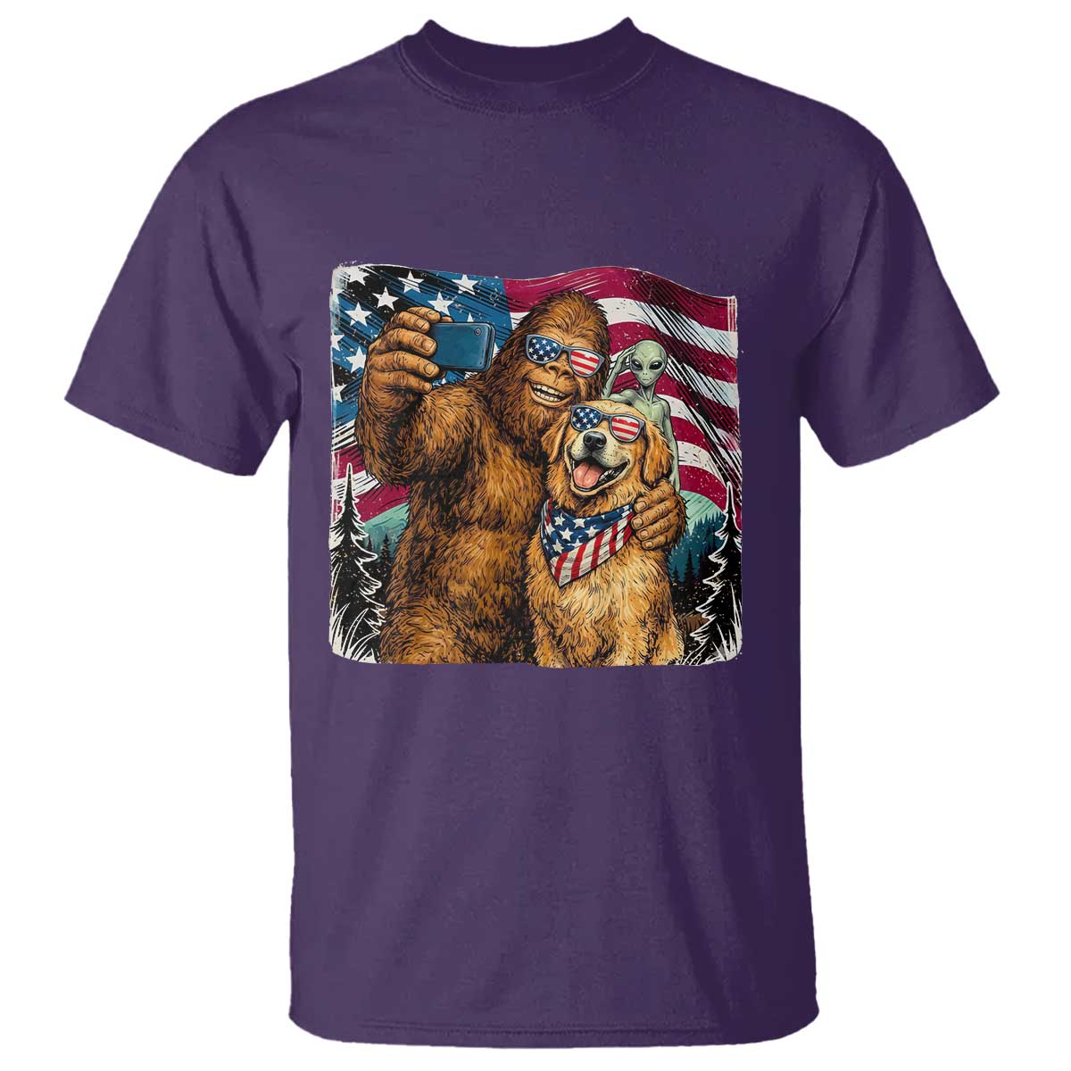 Funny Patriotic Bigfoot Golden Retriever Selfie Squad T Shirt TS12 Purple Print Your Wear