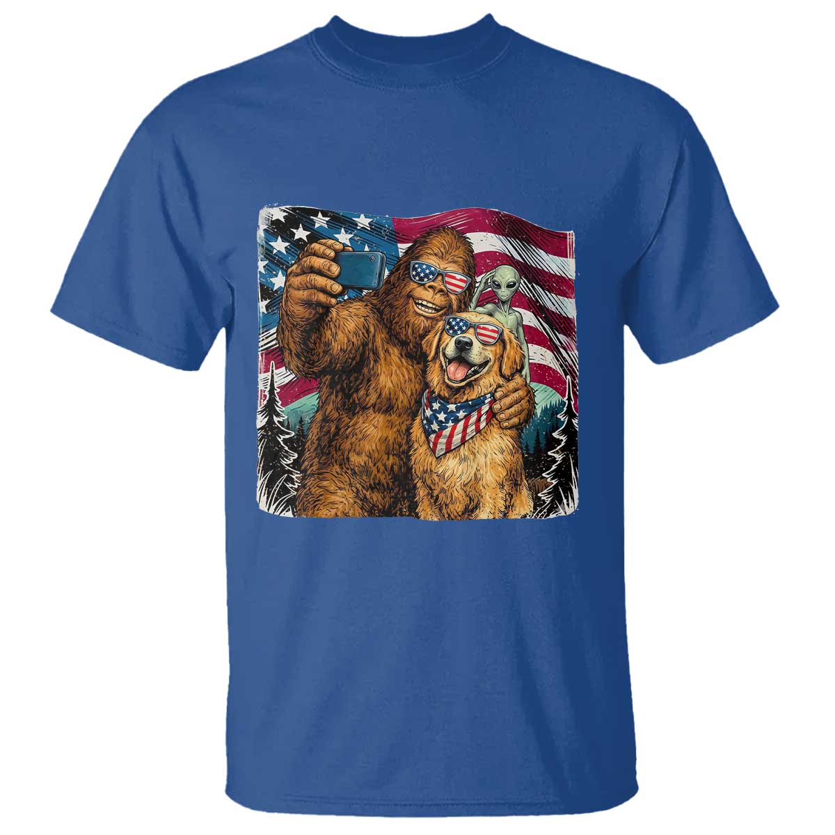 Funny Patriotic Bigfoot Golden Retriever Selfie Squad T Shirt TS12 Royal Blue Print Your Wear
